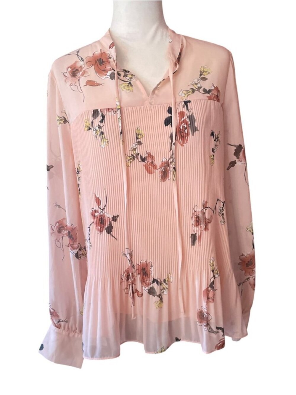 Pleione Blush Pink Floral Pleated Peasant Blouse Top Long Sleeve Size XL Boho